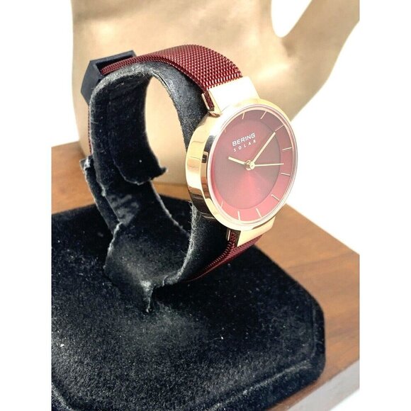 Bering Women's Watch 14627-363 Solar Rose Gold Red Mesh Steel Band 27mm - Picture 2 of 13